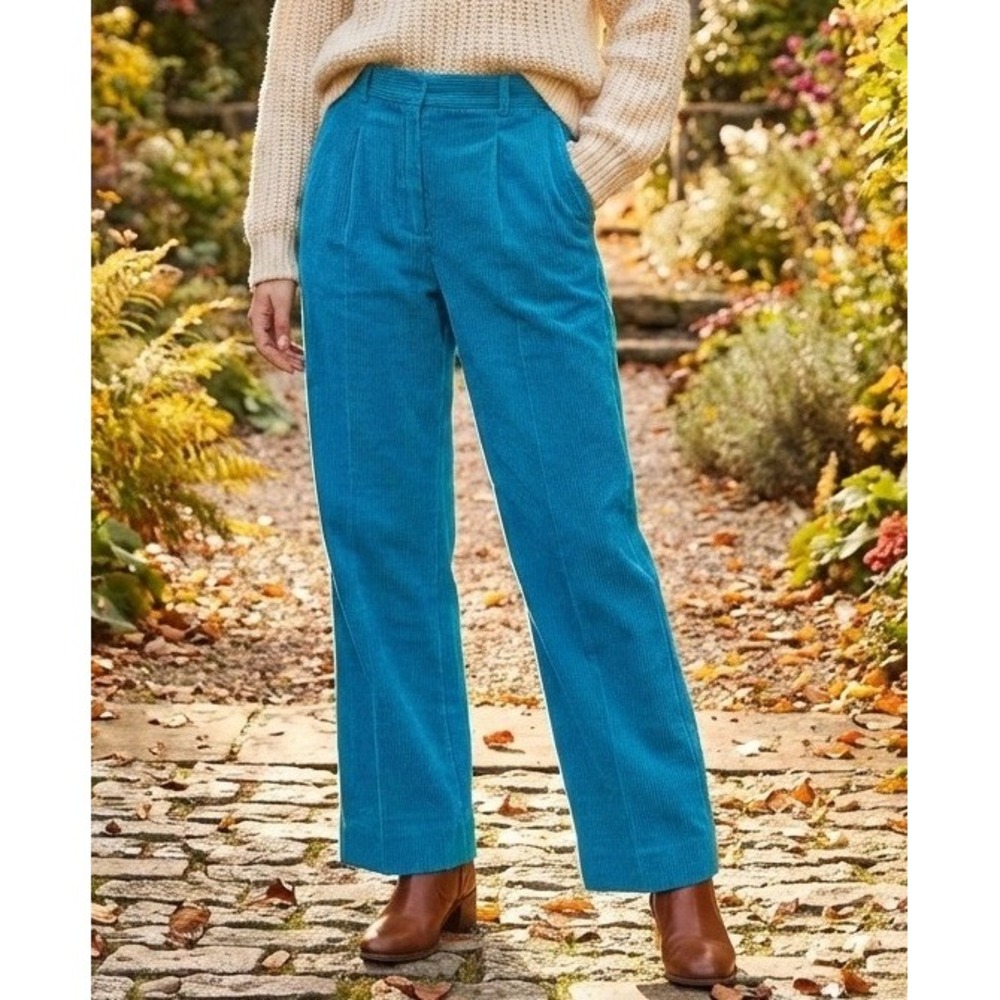 Schrader‎ Women's Corduroy Pants Cotton High Rise Straight Pleated Size 10 Blue